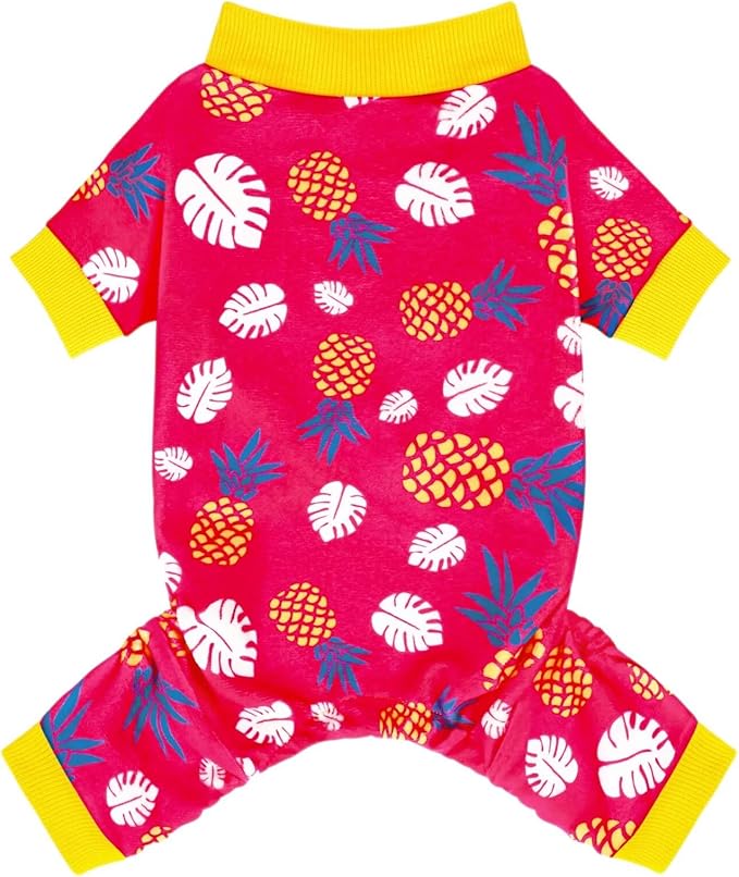 Paiaite 4-Legged Cotton Stretchable Jumpsuit Pjs: Pineapple Pattern Dog Pajamas - Lightweight Cozy Puppy Onesie Clothes, Comfortable Pet Sleepwear Jammies for Hair Shedding Coverage Yellow Edge S