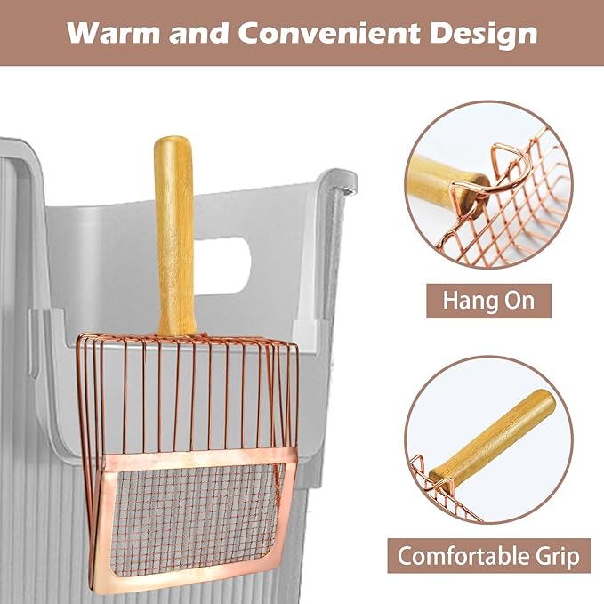 Metal Kitty Litter Scoop,Fast Sifting Litter Scooper for Cats,Cat Poop Scooper with Wood Handle & Hook Rose Gold Solid Two Mesh Kitten Deep Shovel