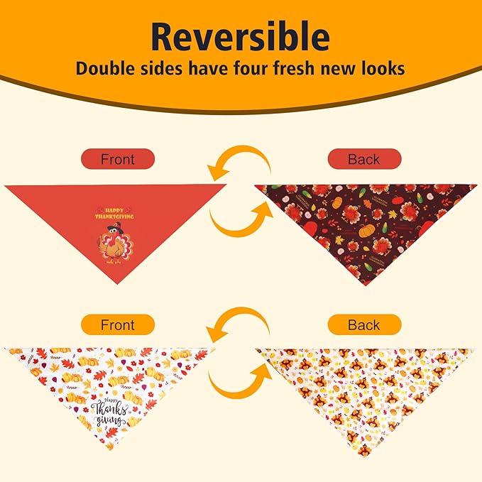 Thanksgiving Dog Bandanas Small 2PCS, Triangle Reversible Holiday Scarf for Boy and Girl, Fall Autumn Bibs Accessories