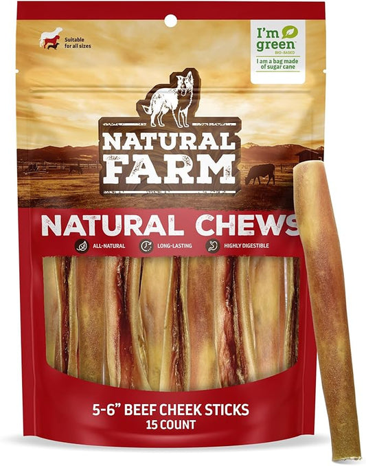 Natural Farm Bully Cheek Stick, 5-6 Inch (15 Pack)- Best Bully Stick Alternative, 100% Natural Beef Cheeks for Dogs- High Protein, Cleans Teeth Treats, Long Lasting Beef Chews for All Dog Sizes
