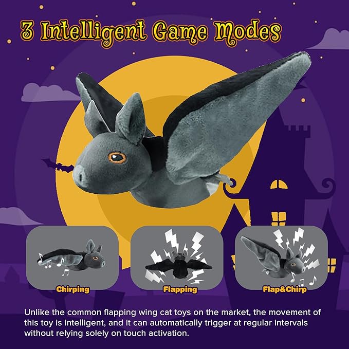 LEWISER Cat Toys, Flapping Wings Cute Bat, No Flying, Chirping Bird Interactive Catnip Toy for Kitten or Small Dogs, Touch Activated, Rechargeable