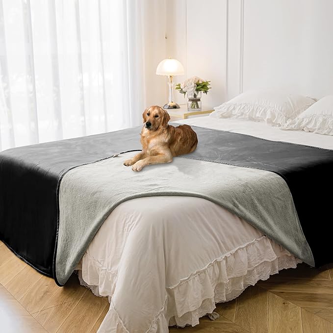 Waterproof Blanket for Bed Protection, Washable Dog Blankets for Couch, Soft Reversible Pet Throw Furniture Protector Cover for Sofa-82"x120",Black+Lightgrey