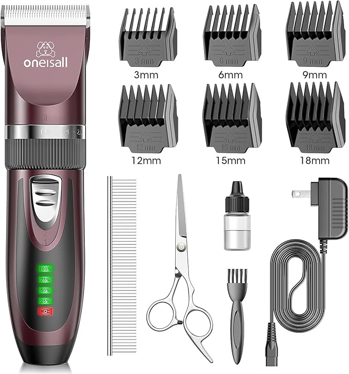 Oneisall Low Noise Dog Clippers, 2-Speed Quiet Grooming Kit Rechargeable Cordless Pet Hair Clipper Trimmer Shaver for Small and Large Dogs Cats Animals (Dark Plum)
