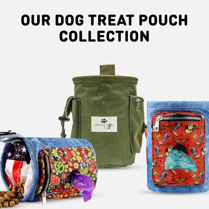 INSPECTOR TAIL Dog Treat Pouch w Drawstring to Prevent Spills | 2 Cup Tote | Hands Free w 4 Ways to Wear Puppy Bag w Pockets for Snacks Poop Bags Keys & Cards | Pet Training Walking & Rewarding Holder
