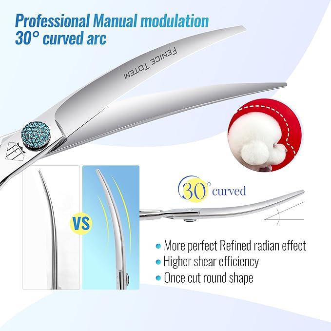 Fenice Professional Grooming Curved Shear: 30 Degree Super Curves Scissors for Dogs 7.5" Big Arc Curved Shears Made Of Japanese 440C Stainless Steel