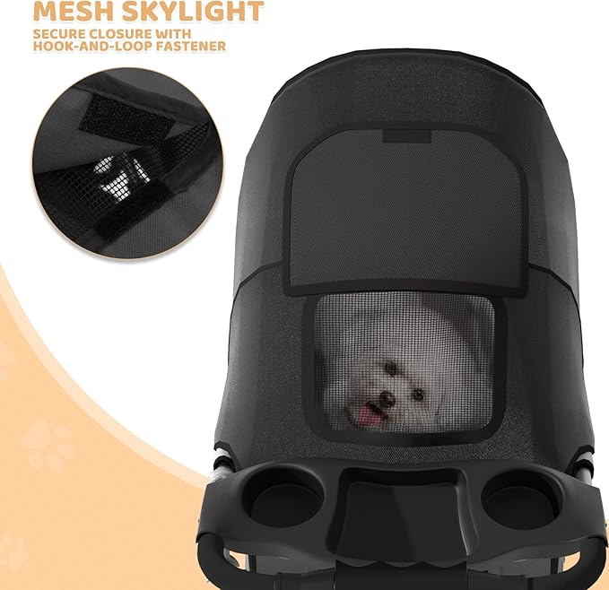 Magshion 3-Wheel Pet Stroller, Foldable Travel Jogger for Small & Medium Dogs & Cats (Up to 33lbs), Lightweight Carrier with Breathable Mesh Cover, Cup Holder & Storage Basket, Black