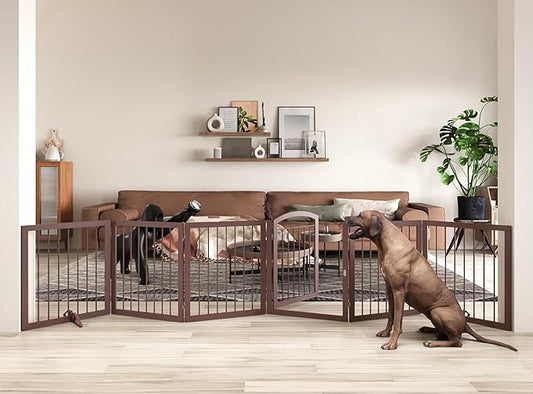 JSB 144-inch Extra Wide 30-inch Tall Dog gate with Door Walk Through, Freestanding Round Tube Pet Gate for Halls Stairs, Puppy Safety Dog Fence with 2PCS Support Feet (Espresso)