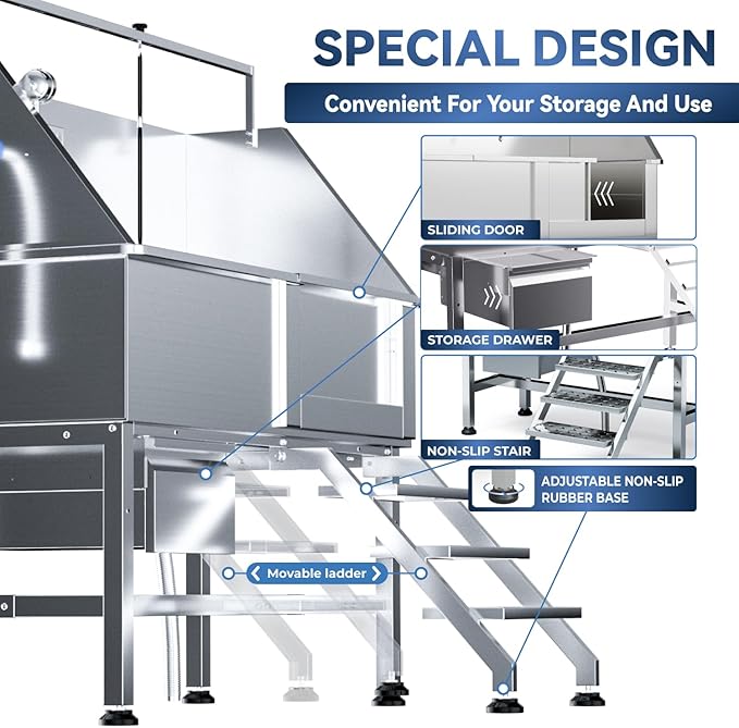46" Dog Washing Station for Home,Stainless Steel Professional Dog Bathing Station Height Adjustable D og Grooming Tub Ramp, Drawer, Floor Grate & Fauct (R Stair)