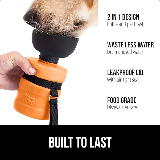 GORILLA GRIP Dog Water Bottle, Portable Water Bowl Dispenser for Dogs, 20 oz Leak Proof Pet Travel Squeeze Bottles, Food Grade Silicone, To Go Puppy Essentials, Hiking Camping Trip Accessories, Orange