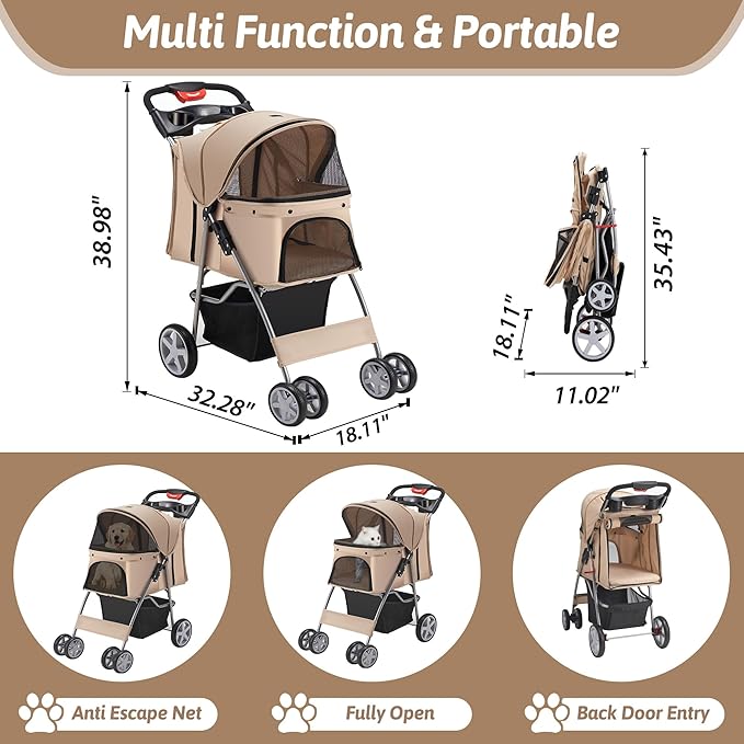 Pet Stroller, 4 Wheels Pet Strolling Cart for Medium/Small Dogs and Cats, Foldable Cat Jogger/Dog Stroller with Cup Holder, Storage Basket, Breathable Mesh, All-Season Pet Carrier, Khaki