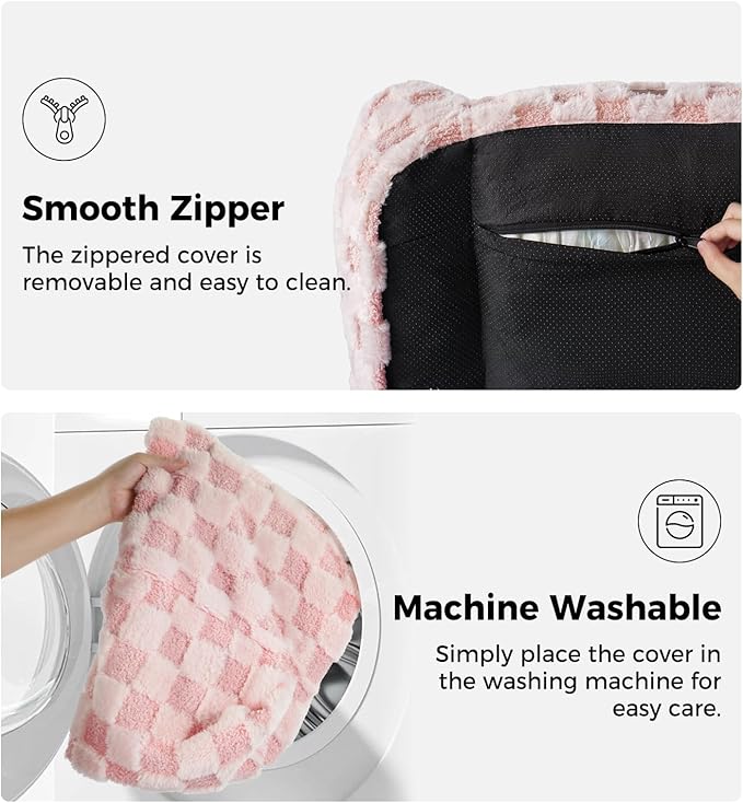 MADE 4 PETS Dog Couch Bed, Soft Faux Fur Checkered Indoor Pet Sofa, Comfortable Fluffy Dog Sofa with Supportive Foam, Removable Washable Cover with Non-Slip Base, Pink, Large