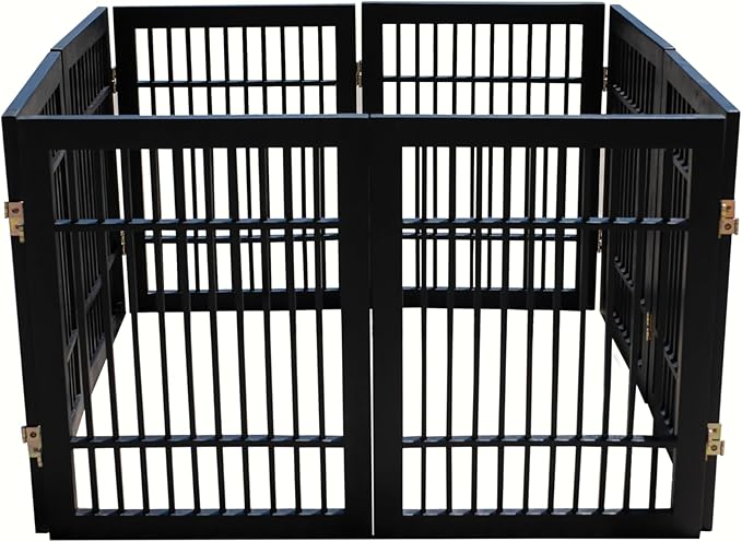 Pet Dog Gate Strong and Durable Freestanding Folding Acacia Hardwood Portable Wooden Fence Indoors or Outdoors by Urnporium (Black Pet Gate, 8 Panel 24" Tall)