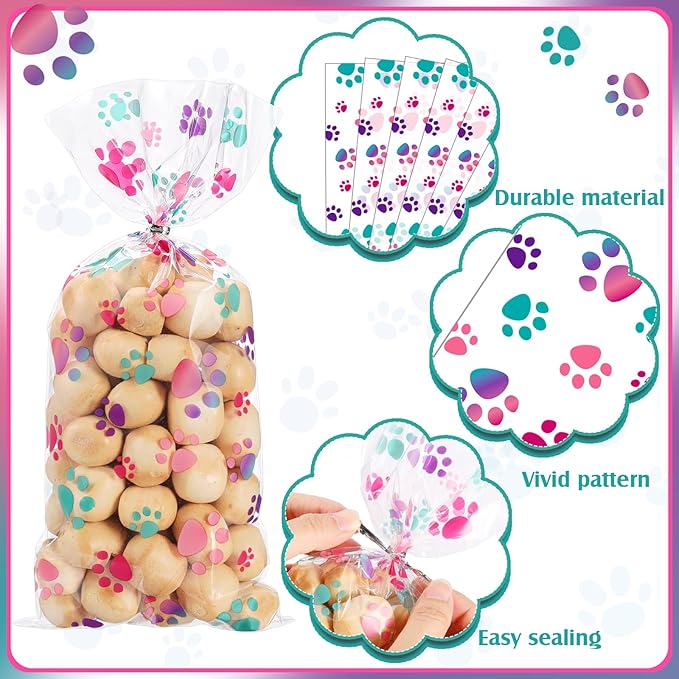 Blulu 100 Pieces Dog Treat Bags Puppy Party Favor Pet Paw Cone Cellophane Bags Candy Heat SealableDog Paw Gift with 100 Pieces Silver Twist Ties for Pet Cat Treat Party Favor(Pink and Purple)