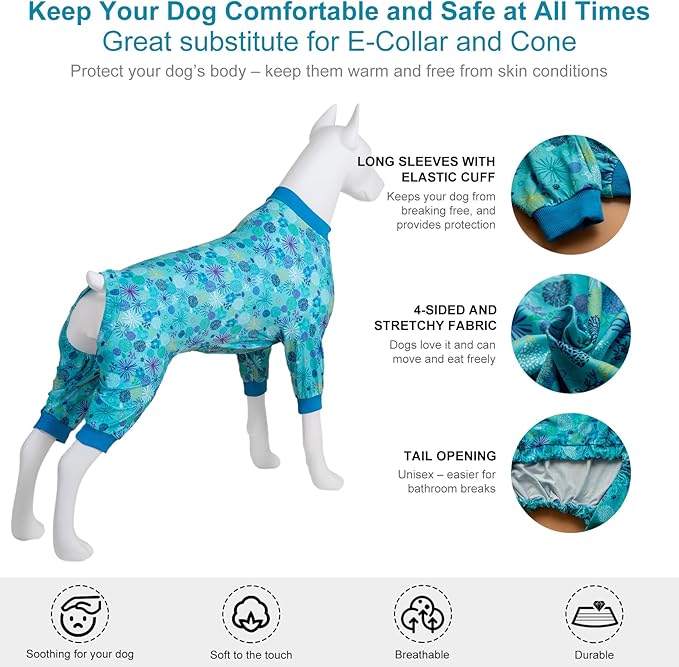 LovinPet Dog Sweatshirts for Size Large Boy Dogs, Pet Anxiety Calming Shirt, Pajamas for Pitbulls,Sea Plants Turquoise Print, Pitbull Clothes, Pajamas for Large Dogs, Medium