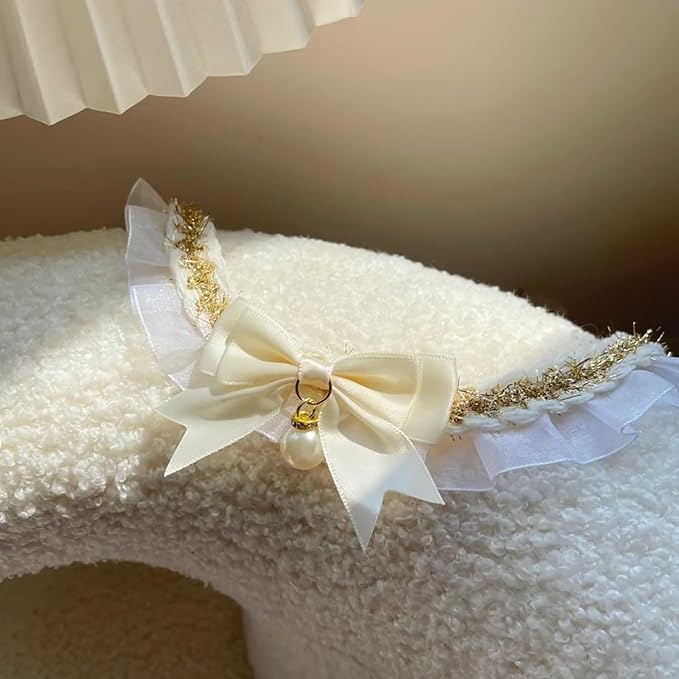 Elegant Lace Cat Collar with Cute Bow,Kitty Necklace with Bow Tie and Pearl,Pet Lace Bib Collar with Cute Bow,Cat Princess Costumes,Golden,1 Piece