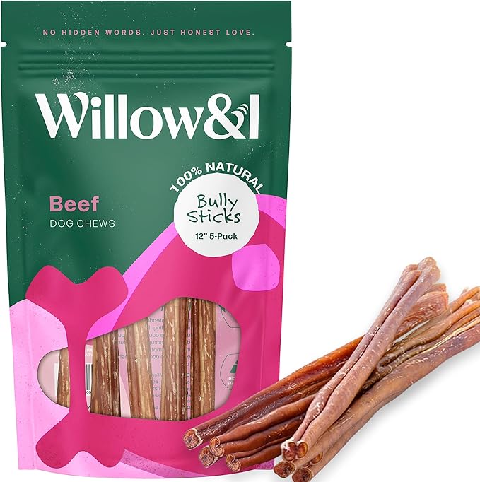Willow&I Bully Sticks for Dogs -12 Inch Natural Bully Sticks for Medium, Large & Small Dogs- Premium 100% Grass Fed, Single Ingredient, Long Lasting, High Protein, Odor Free (12", 5 Pack)