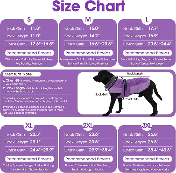 QBLEEV Warm Dog Jacket - Reflective, Adjustable Winter Coat with Turtleneck for Cold Weather, Waterproof Fleece Snowsuit for Small, Medium, Large Dogs