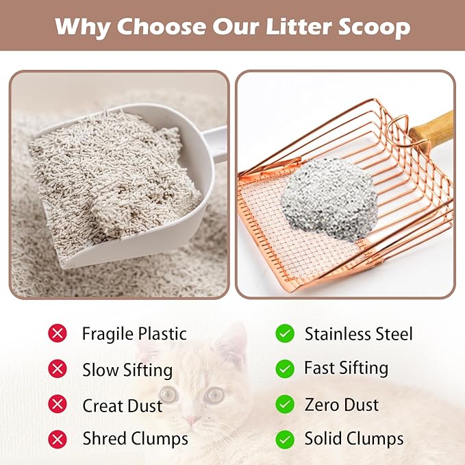 Metal Kitty Litter Scoop,Fast Sifting Litter Scooper for Cats,Cat Poop Scooper with Wood Handle & Hook Rose Gold Solid Two Mesh Kitten Deep Shovel