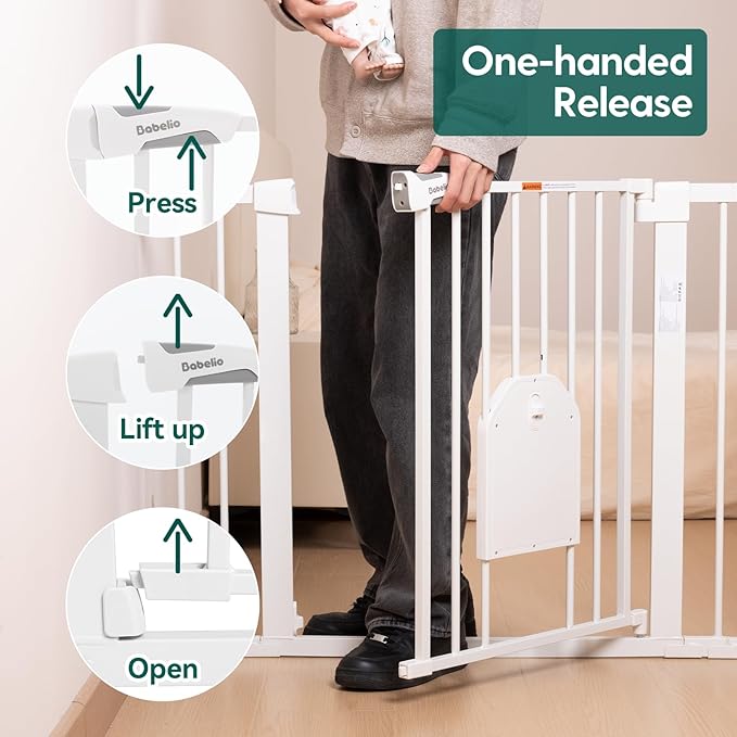 Babelio 36-56" Extra Wide Auto Close Baby Gate with Cat Door, Pet Gate Indoor with Extra Wide Walk Thru Door, Metal Dog Gate for Doorway, Stairs, Includes 4 Wall Cups and 3 Extension Pieces, White