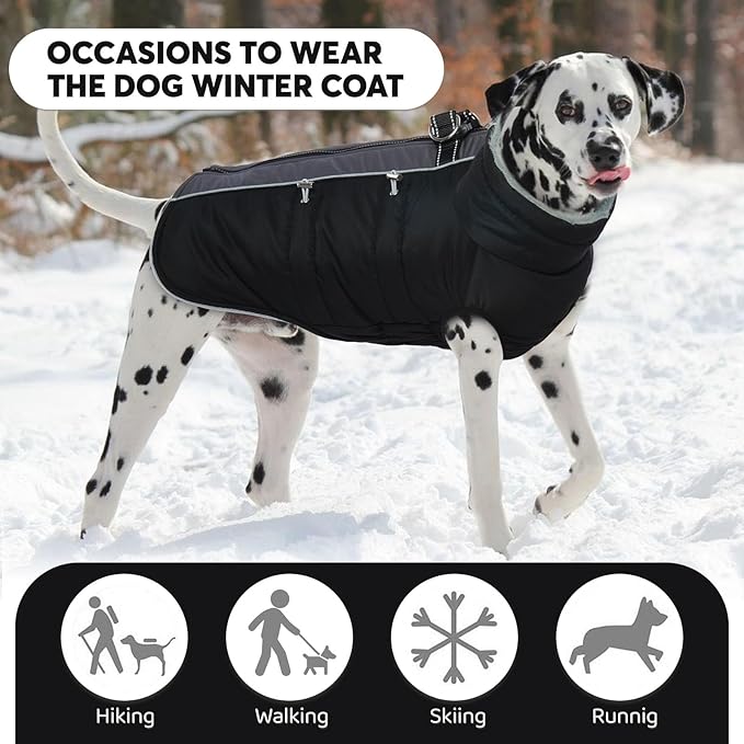 IDOMIK Warm Dog Coat with Harness, Waterproof Reflective Dog Jackets for Small Medium Large Dogs, Fleece High Collar Winter Jacket with Zipper, Pet Winter Snowsuit Clothes for Cold Weather,Black 2XL
