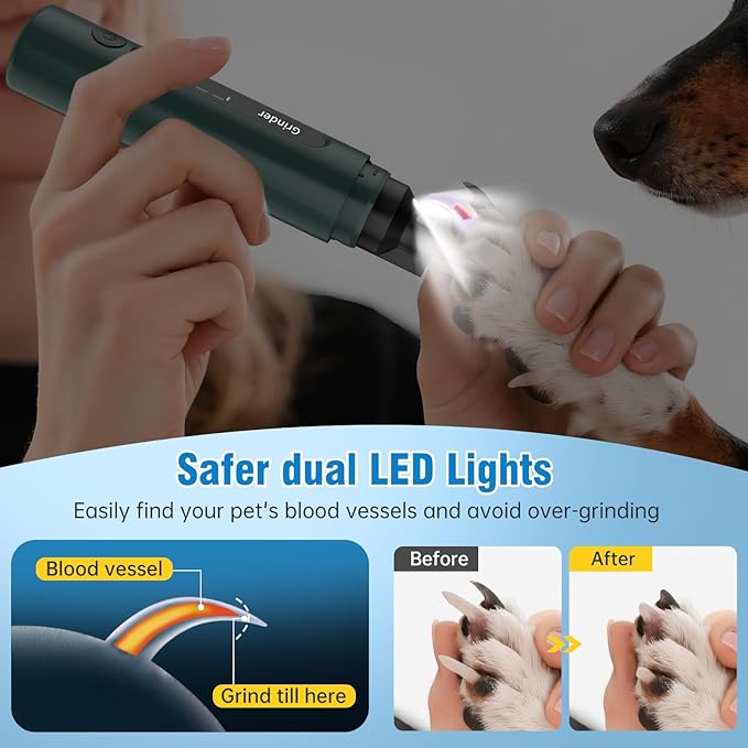 Dog Nail Grinder, 7-Speed Quiet Electric Dog Nail Trimmers, Dog Nail Clippers with Sponge Dust Collection & File for Small Medium Large Dogs, Rechargeable Pet Paw Grooming Supplies Kit(Green)