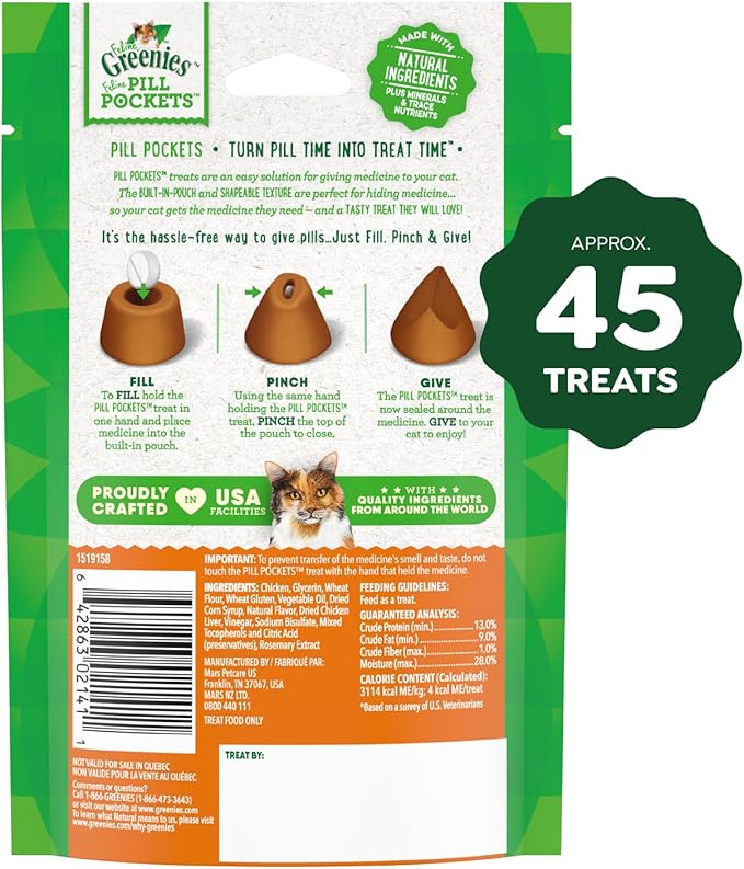 Greenies Feline Pill Pockets for Cats Natural Soft Cat Treats, Salmon Flavor, 1.6 oz. Pouch (45 Treats)