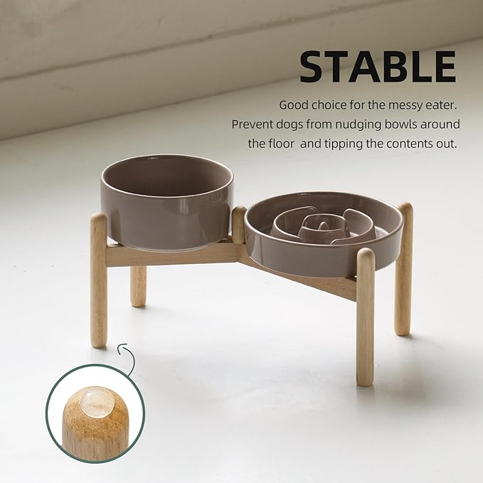 Ceramic Raised Slow Feeder Dog Bowl Set, Elevated 6.1inch Bowl and 7.3inch Puzzle Slow Food Dish with Wooden Stand for Small and Medium Dog, Anti-Gulping (2X Brown Coffee+ Stand)