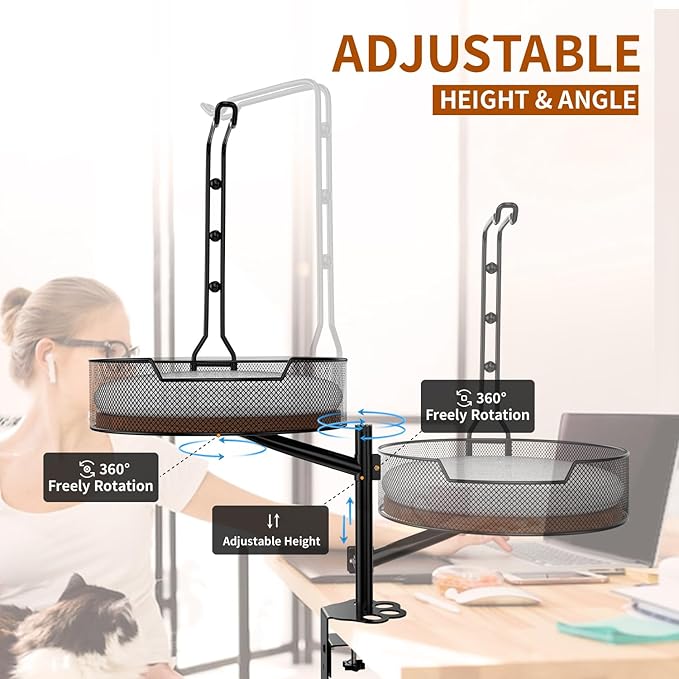 Cat Desk Bed,Rotating & Adjustable, Durable Metal Pet Bed, Supports Up to 45 lbs, Removable Blanket, Modern Indoor pet Furniture for Home Office and Game Tables