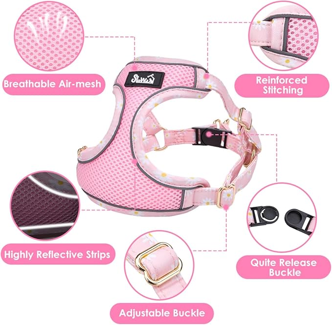 SlowTon Small Dog Harness - No Pull Dog Harness and Leash Set, Soft Mesh Lightweight Puppy Vest Harnesses, Adjustable Pet Harnesses for XXS XS Small Medium Easy Walk Hiking (Pink, XS)