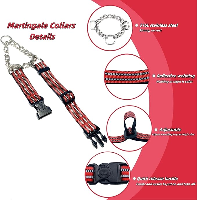 Martingale Dog Collars, Reflective Nylon Collar with Stainless Steel Chain, Adjustable Walking Training Dog Collars with Quick Release Buckle, Suitable for Small Medium Large Dogs(Red,S)