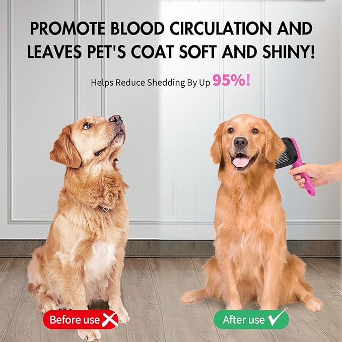 Dog Brush for Shedding & Grooming, Self Cleaning Slicker with Retractable Pins for Short & Long Haired Dogs & Cats. Removes Loose Fur, Undercoat, Mats & Tangles. Fits Large, Small Pet. Pink