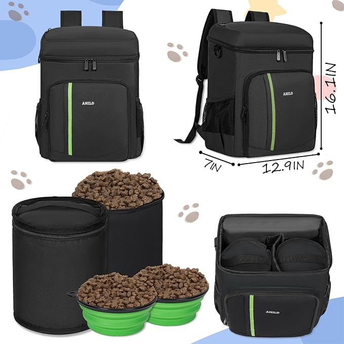 ANILD Dog Travel Backpack - Airline Approved Double-layer Pet Travel Backpack with 2 Food Storage Bag and 2 Foldable Silicone Bowls for Hiking & Camping