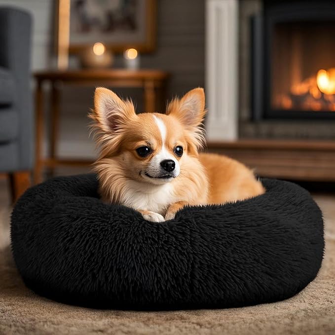 Dogs Bed for Small Dogs, Anti-Anxiety Washable Round Bed (Black, 24.0" L x 24.0" W x 8.0" Th)