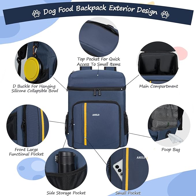 ANILD Dog Travel Backpack - Airline Approved Double-layer Pet Travel Backpack with 2 Food Storage Bag and 2 Foldable Silicone Bowls for Hiking & Camping