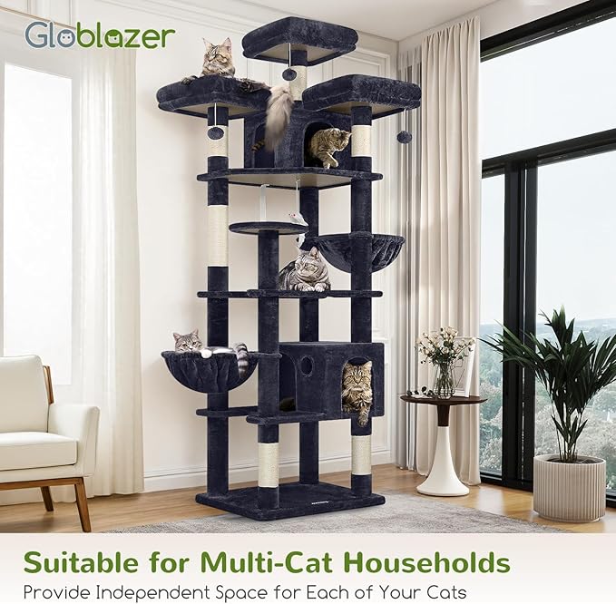 Globlazer Cat Trees and Towers for Multiple Adult Cats, 82-inch XXL Tall Cat Tree Tower for Indoor Cats with Scratching Post, 3 Perches, 2 Condos, 2 Hanging Baskets, F82, Dark Grey