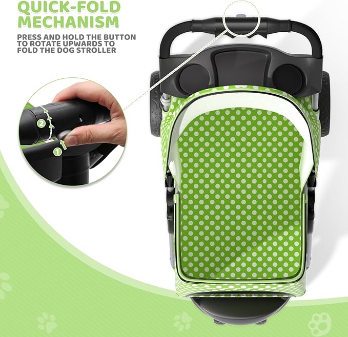 Magshion 3-Wheel Pet Stroller, Foldable Travel Jogger for Small & Medium Dogs & Cats (Up to 33lbs), Lightweight Carrier with Breathable Mesh Cover, Cup Holder & Storage Basket, Lawn Green Polka Dots