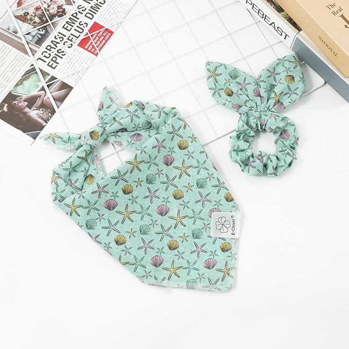 E-Clover Summer Starfish Dog Bandanas & Matching Scrunchie Set Blue Dog Scarf Bibs Pet Bandana with Bow Tie for Small Dogs Puppy Owner Mom