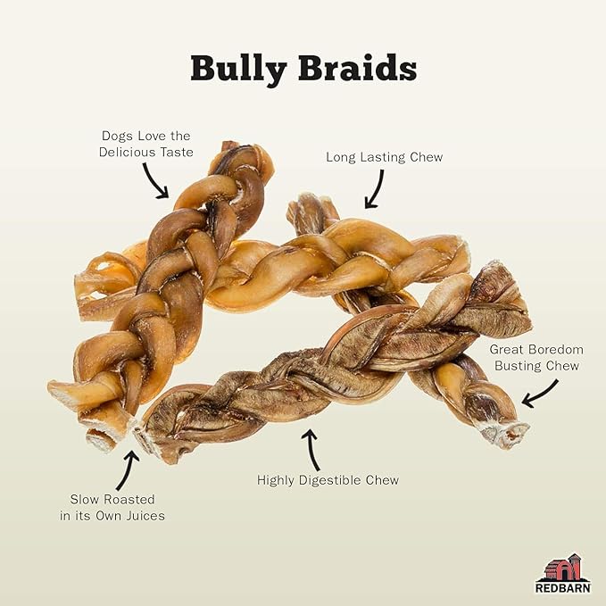 Redbarn Pet Products All Natural 8-12" Braided Bully Sticks for Medium & Large Dogs - Healthy Long Lasting Beef Chews Variety Party Pack - Single Ingredient Low Odor Rawhide Free - 1 lb Bag