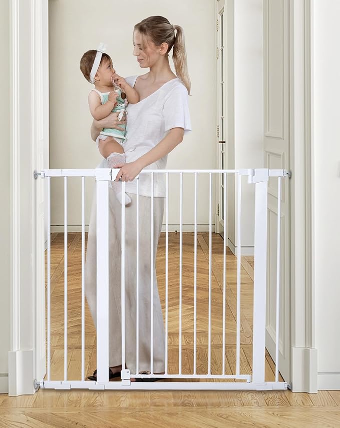 COMOMY 36" Extra Tall Baby Gate for Stairs Doorways, Fits Openings 29.5" to 43.3" Wide, Auto Close Sturdy Safety Dog Gate for House, Pressure Mounted Easy Walk Through Pet Gate with Door, White