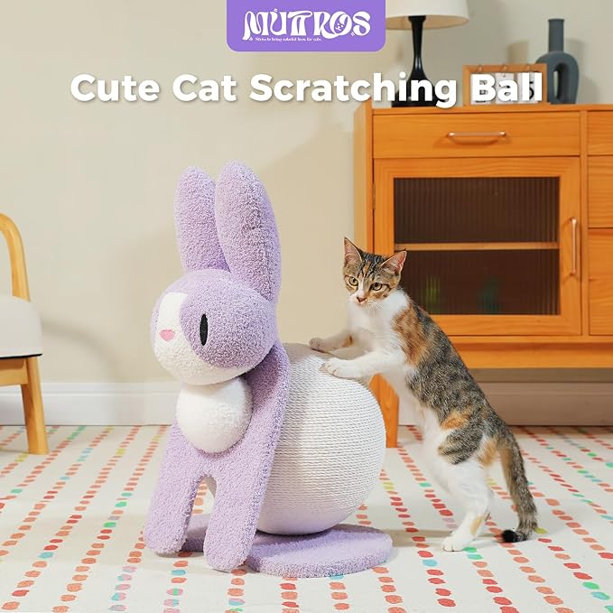 Cute Cat Scratching Post- Bunny Style, Cat Scratcher Toy with Paper Rope, Extra Large Cat Scratch Ball (Ø11.8) for Indoor Kitten, Rabbit Scratch Ball for Kitty to Climb & Play, Purple