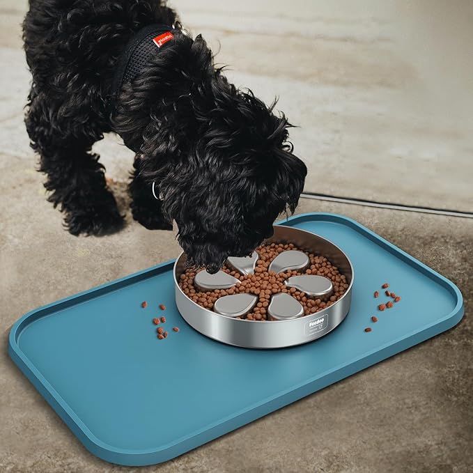 Pet Feeding Mat [Warped Resistant Raised Edge], Water-Proof Silicone Placement for Food Water Bowls, Anti-Slip Base Protect Floor, BPA-Free&Dishwasher-Safe [23.5x13.5inch Large, Blue]