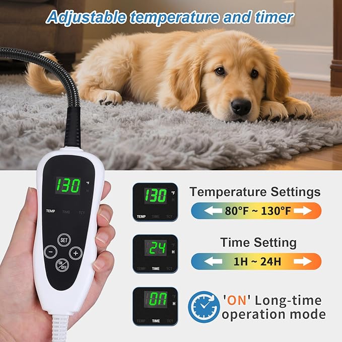 Dog Heating Pad, 32×20 in Heated Dog House, Upgraded Always-On Smart Thermostat Metal Protective Tube with a Plush Fabric Cover Puppy Whelping Supplies- Grey