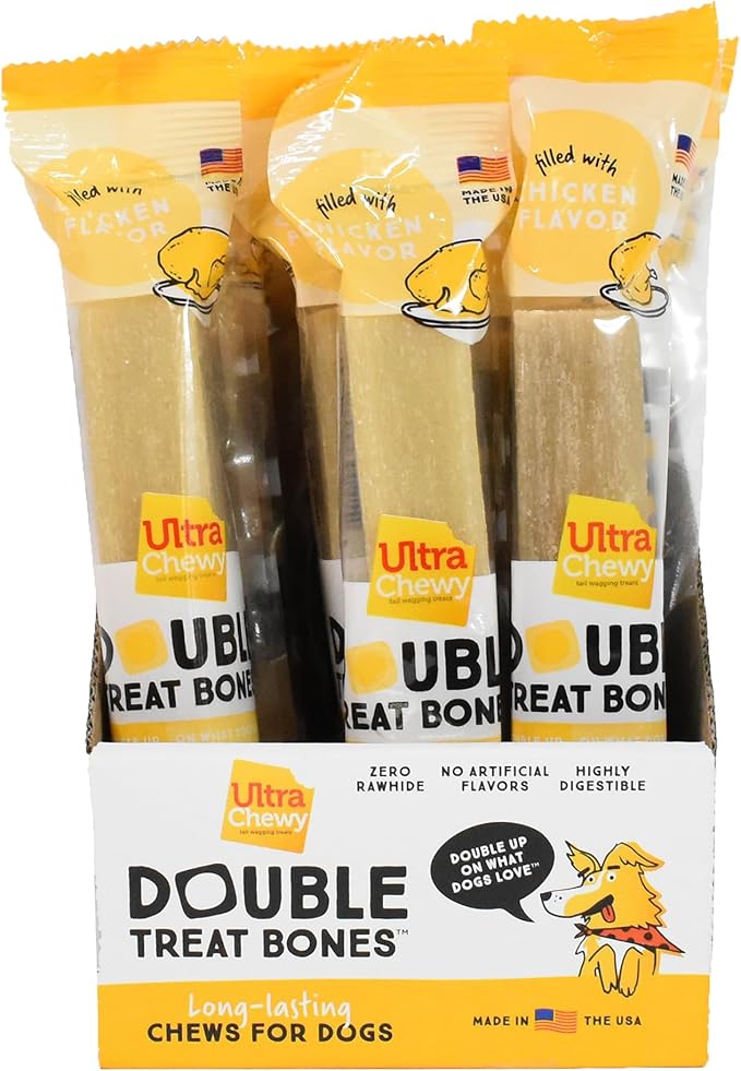 Ultra Chewy Chicken Double Treat Bones: Long-Lasting Dog Treats Made in USA for Large and Small Breeds, Highly Digestible, Ideal for Aggressive Chewers (12 Count)