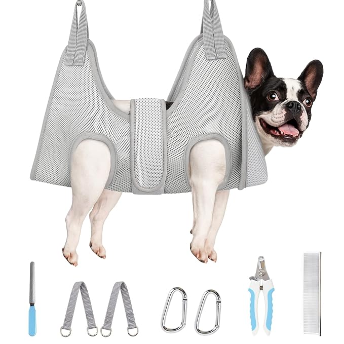 Supet Dog Grooming Hammock for Medium Dogs, Dog Hanging Harness for Nail Trimming Doorframe, Pet Holder Restraint for Clipping Nails, Pet Hoist Sling for Cutting Nails at Home (Grey M)