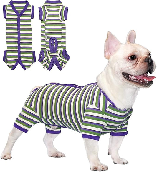 TONY HOBY Dog Pajamas, Knitted Dog Jumpsuit Shirt in Cold Weather, Dogs Surgical Recovery Suit for Small Medium Dogs (Purple&Green, Boy, XS)