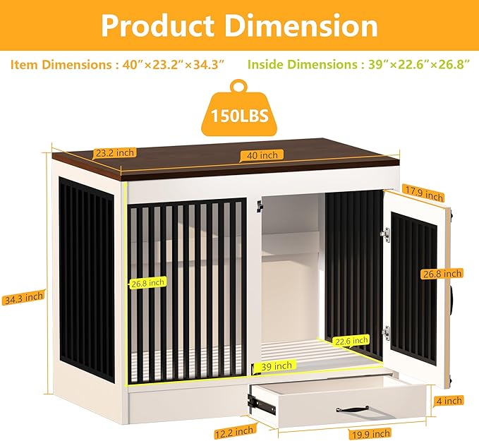 White Heavy Duty Furniture Dog Crate, Wood and Metal Kennel Cage, Pet House End Table with Drawer and Pull-Out Design, Dog Home for Indoor use, Large Size
