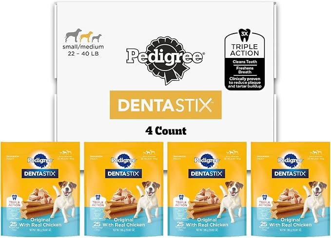 Pedigree Dentastix Small & Medium Breed Dog Treats, Original with Real Chicken, (4) 25ct Bags (100 Treats Total)