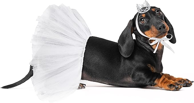 2 Pcs Dog Crown Headband Dog Tutu Dress Set Crystal Rhinestone Tiara Crown Tutu Skirt Pet Dress Costume for Puppy Birthday Party Wedding Photo Prop Costume(Small,White)