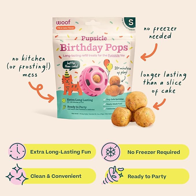 WOOF Pupsicle Birthday Pops - Healthy Dog Treats - Pre-Made Pupsicle Refills- Wholesome Ingredients - Naturally Sweet - Cake-Flavored Birthday Treat for Dogs - Small