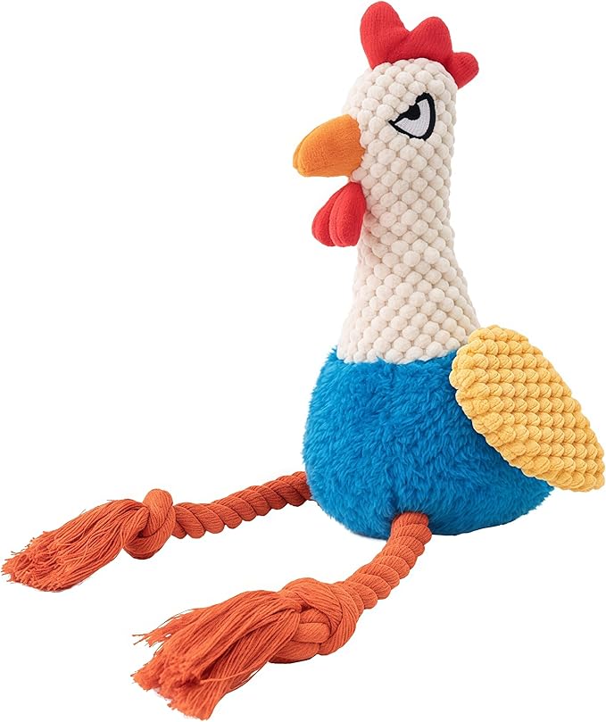 Plush Rooster Dog Toy with Squeaker, Interactive Rope Legs, Colorful Textured Chew Toy for Small, Medium Dogs, Tug-of-War, Fetch